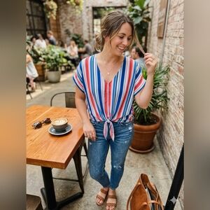 For The Republic Striped Tie-Front V-Neck Blouse in Red, Blue & White